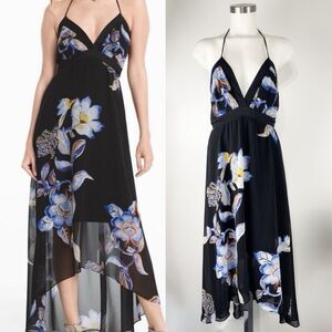 white house black market Sz 4 Black Floral Hi Low Halter Dress